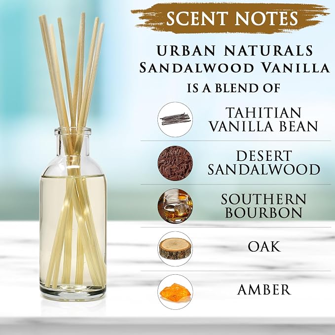 Urban Naturals Reed Diffuser Set, Sandalwood & Vanilla - Bathroom Décor | Tahitian Vanilla intermeshes & Desert Sandalwood Mingle to Create a Southern Bourbon Scent, Great Gift Idea
