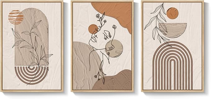 Framed Earth Tone Boho Abstract Wall Art Bedroom, 3 Piece Neutral Modern Bohemian Paintings Prints Canvas Artwork for Walls, Boho Triptych Pictures for Living Room Home Office Wall Decor, 16x24 Inch