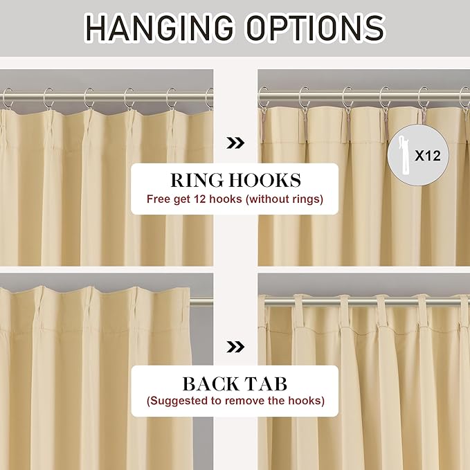DONREN Beige Pinch Pleated Blackout Curtains with Hooks - 108 inch Length Room Darkening Thermal Insulated Window Curtain Panels for Living Room Bedroom 2 Panel 40" Wx108 L