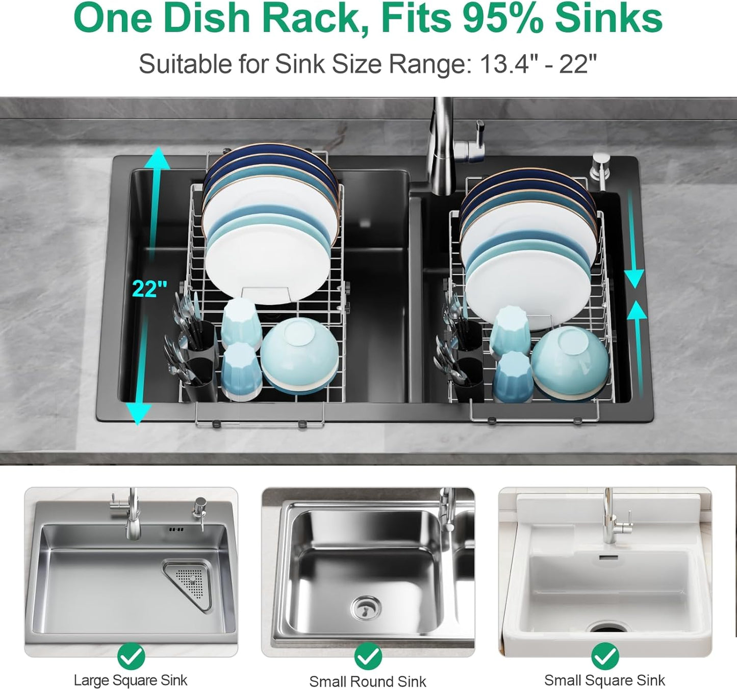 GSlife Expandable Sink Dish Drying Rack - Stainless Steel Capacity Adjustable Over The Sink Dish Rack (13.4''-20.4'') with Sink Mat and Utensil Holder, Silver