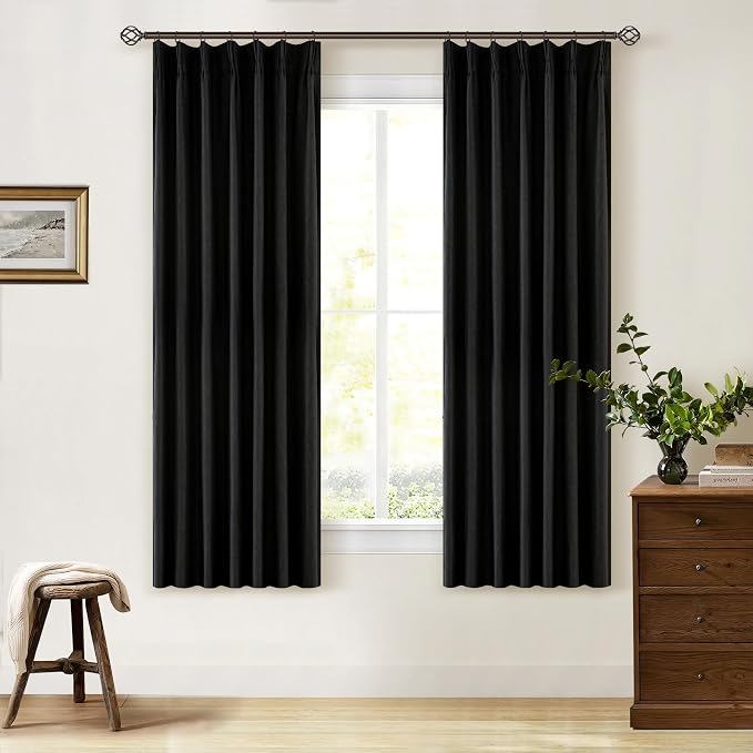 Black Pinch Pleated Linen Blackout Curtains 2 Panels for Living Room Bedroom Thermal Insulated 100% Black Out Linen Drapes with Liner Room Darkening Window Curtains 40x63