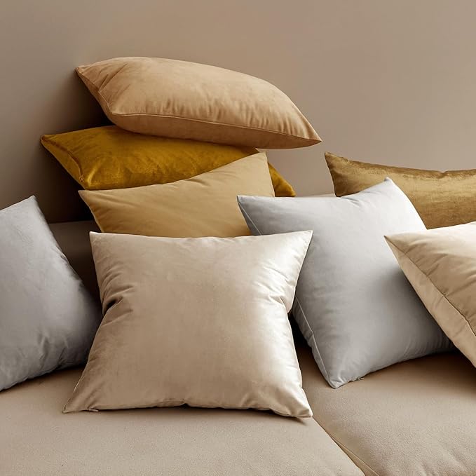 MIULEE Velvet Throw Pillow Covers 18x18 Inch, Pack of 2 - Champagne, Super Soft Decorative Square Cushion Cases Modern Luxury Home Decor for Sofa, Couch, Bed, Chair with Invisible Zipper