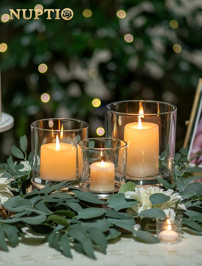 NUPTIO Thick Glass Hurricane Pillar Candle Holders, Set of 3 | Heavy Clear Walls, Wide Low-Profile Cylinders for Easy Use, 3 Graduated Sizes, for Dining Table Centerpiece or Flower Display