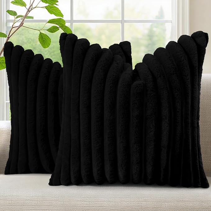 decorUhome Fall Cozy Faux Fur Throw Pillow Covers 24x24 Set of 2 Decorative Soft Plush Striped Modern Farmhouse Boho Couch Euro Sham Pillow Cases with Velvet Back for Sofa Bed Living Room, Black