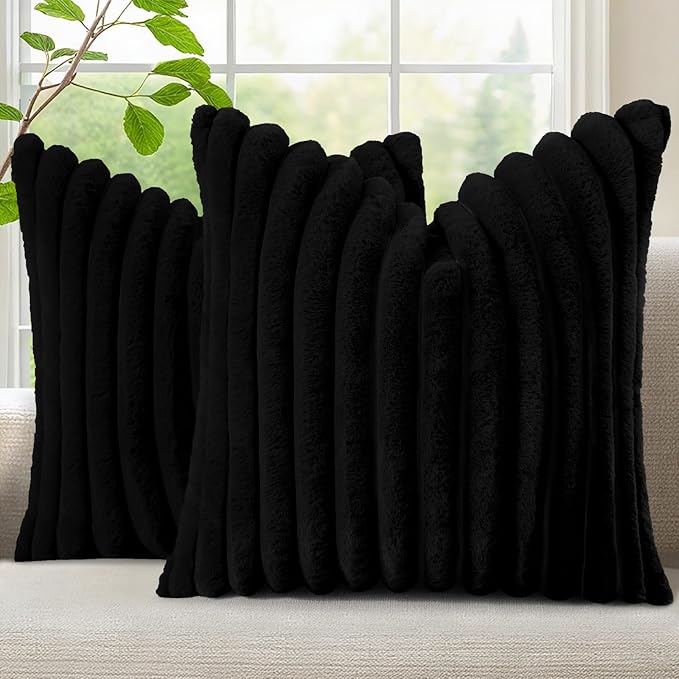 decorUhome Fall Cozy Faux Fur Throw Pillow Covers 18x18 Set of 2 Decorative Soft Plush Striped Modern Farmhouse Boho Couch Pillow Cases with Velvet Back for Sofa Bed Living Room, Black