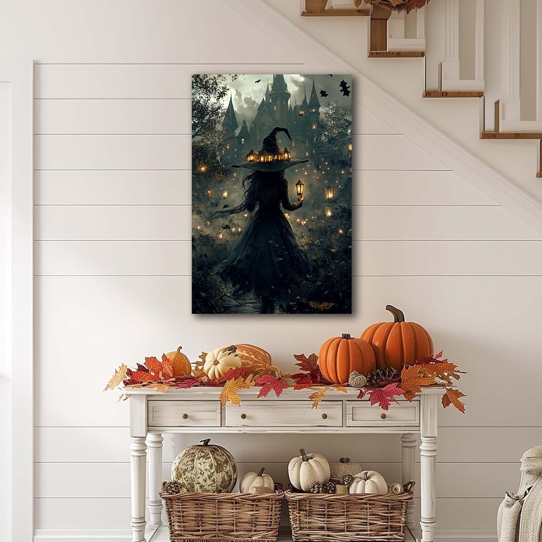 Halloween Witch and Haunted House Canvas Wall Art,Dark Academia Scary Witch Castle Posters Prints,Thriller Horror Gothic Wall Decor Pictures for Halloween Party House Decoration,16"x24" Framed
