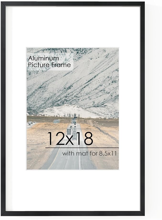 12x18 Metal Picture Frame for Wall With Mat for 8.5x11, 12''x18'' Aluminum Photo Frames With Tempered Glass for Home Decor, Minimalist Modern Poster Frame Horizontal And Vertical Formats, Black