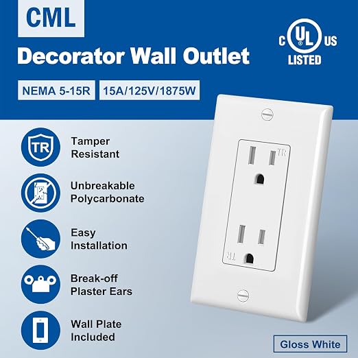CML 15 Amp Decorator Receptacle Outlet, 100 Pack Tamper Resistant Wall Outlets, Standard Electrical Outlets, 15A/125V, 2 Pole 3 Wire, Wallplate Included, UL Listed, White
