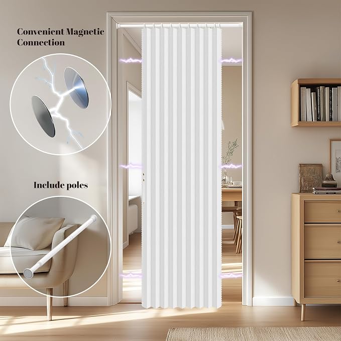 AJAZZ Sets: Curtain Rods & Blackout Accordion Door Accordion Doors Interior Invisible Magnetic Door Curtain for Bedroom Living Room Doorway (1 Pack, 43W x 78 L, White)