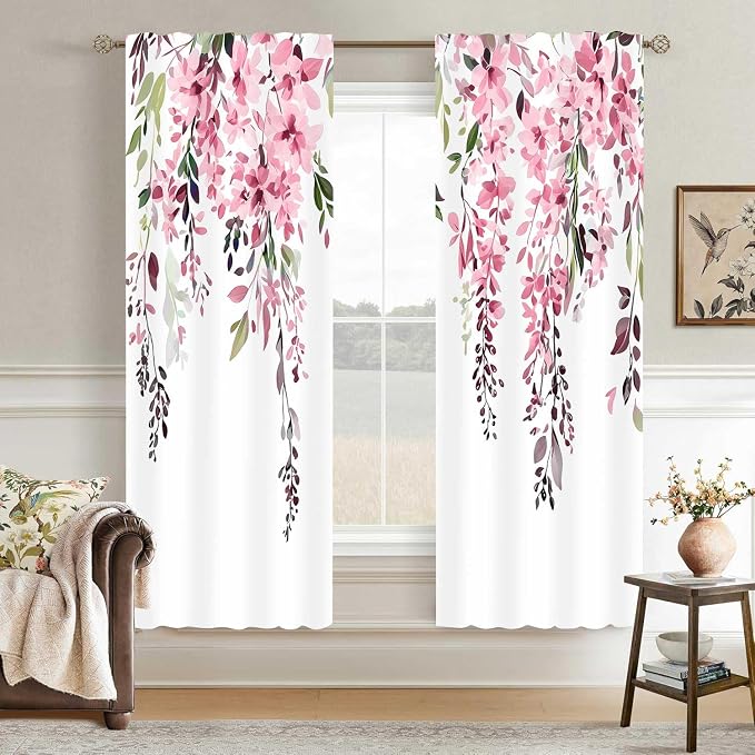 Pink Watercolor Floral Curtains, Botanical Leaves Vine Flowers Curtain, Rustic Farmhouse Flower Leaf Blackout Window Treatment Drapes for Bedroom Living Room 52x72 inch, 2 Panels