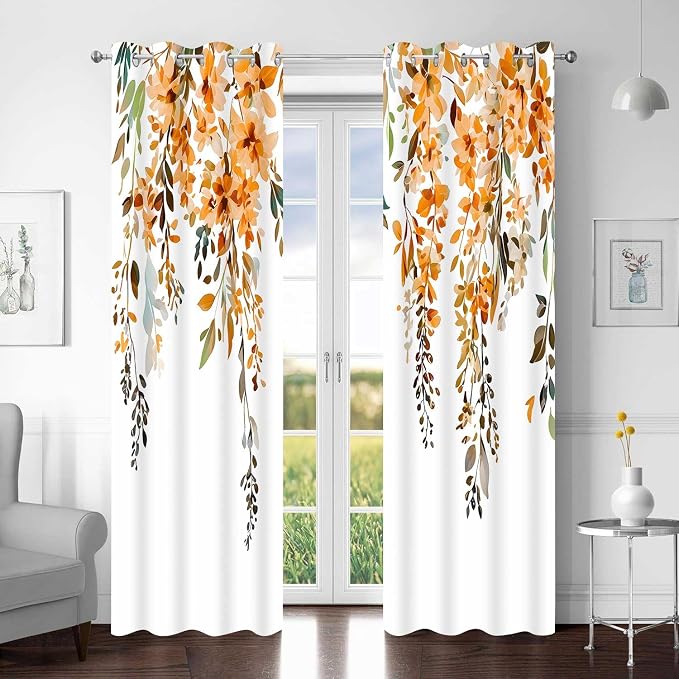 Orange Watercolor Floral Curtains, Botanical Leaves Vine Flowers Curtain, Rustic Farmhouse Flower Leaf Blackout Window Treatment Drapes for Bedroom Living Room 42x72 inch, 2 Panels