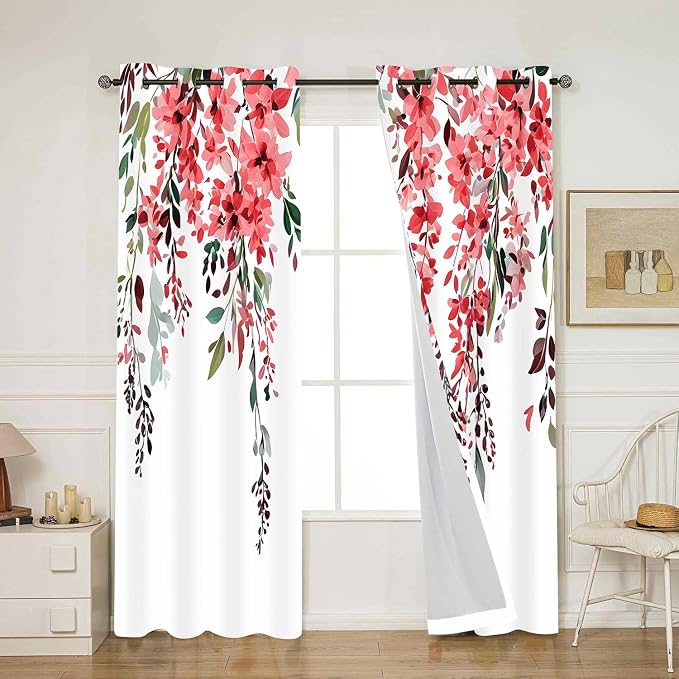 Red Watercolor Floral Curtains, Botanical Leaves Vine Flowers Curtain, Rustic Farmhouse Flower Leaf Blackout Window Treatment Drapes for Bedroom Living Room 52x90 inch, 2 Panels
