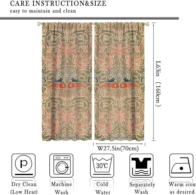 Retro Bohemian William Morris Blackout Window Curtains, Vintage Peacock Abstract Art Pattern Print Window Drapes, for Bedroom Living Room 27.5(W)*63(L) 2 Panels