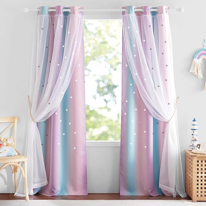 NICETOWN Curtains for Girls Bedroom Double Layer Blackout Curtains Grommet Star Cutout Ombre Window Drapes with Sheer for Living Room 2 Panels in 34 x 84 inch Length, Purple & Blue & Pink