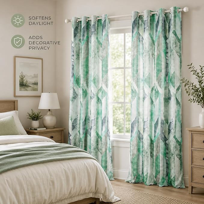 Leeva Decorative Kitchen Curtains, Drapes for Living Room 84 Inch Length 2 Panels, Geometric Pattern Grommet Solid Window Treatments, 52 x 84, Cyan