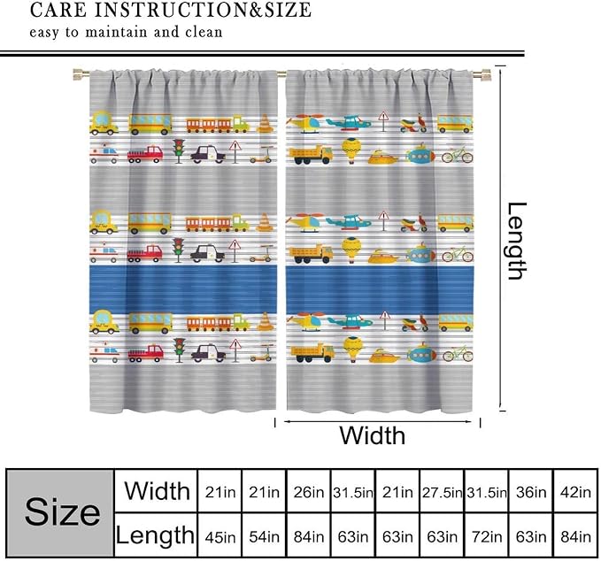Cartoon Vehicles Blackout Curtain,Kids Boys Cute Cars Pattern Print Window Treatment Curtains Dining Room Living Room Kitchen Cafe Bedroom Office Nursery Drapes,52x84 in