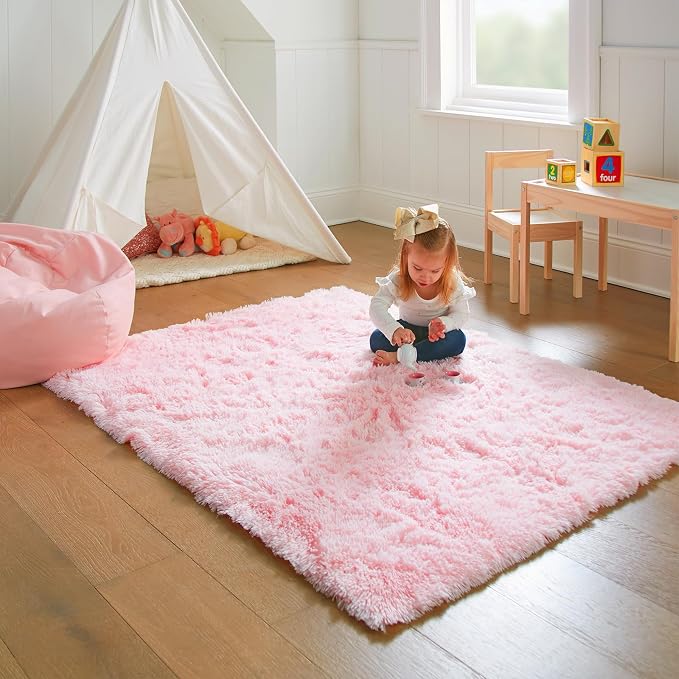 Ophanie 3x5 Pink Rug, Bedside Preppy Dorm Area Rug, College Essentials Non Slip Small Carpets for Bedroom, Anti Slip Fluffy Living Room Rugs Home Decor Aesthetic, Nursery with Over 99 pcs Pile fibers
