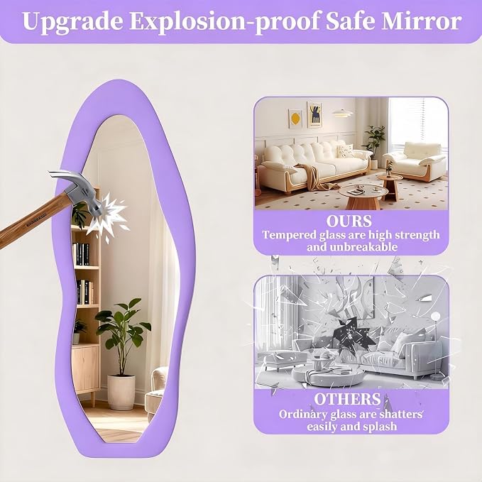 Dewfig Full Length Mirror, 63" x 24"Irregular Mirror, Large Floor Length Mirrors Wall Mounted, Standing Mirrors with Flannel Wrapped Wooden Frame for Bedroom/Living Room, Purple