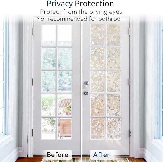 rabbitgoo Window Privacy Film, Decorative Rainbow Window Clings for Glass Covering, Static Cling Non Adhesive Door Stickers UV Blocking, Stained Glass Vinyl Decal, 3D Pebble, 17.5 x 118.1 inches
