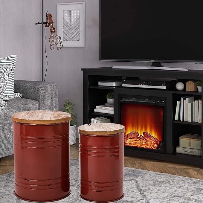 Glitzhome Rustic End Table Set of 2, Farmhouse Galvanized Metal Barrel Ottoman Storage Stool with Round Wood Lid for Living Room Furniture, Red