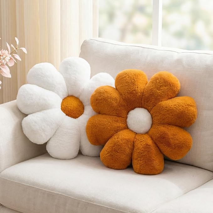 2 Pcs Brown White Throw Pillows Set, Cute Daisy Flower Decorative Throw Pillows Preppy Room Decor Aesthetic Floor Cushions for Girls Bedroom Bed Sofa Chair Decor (Brown & White)