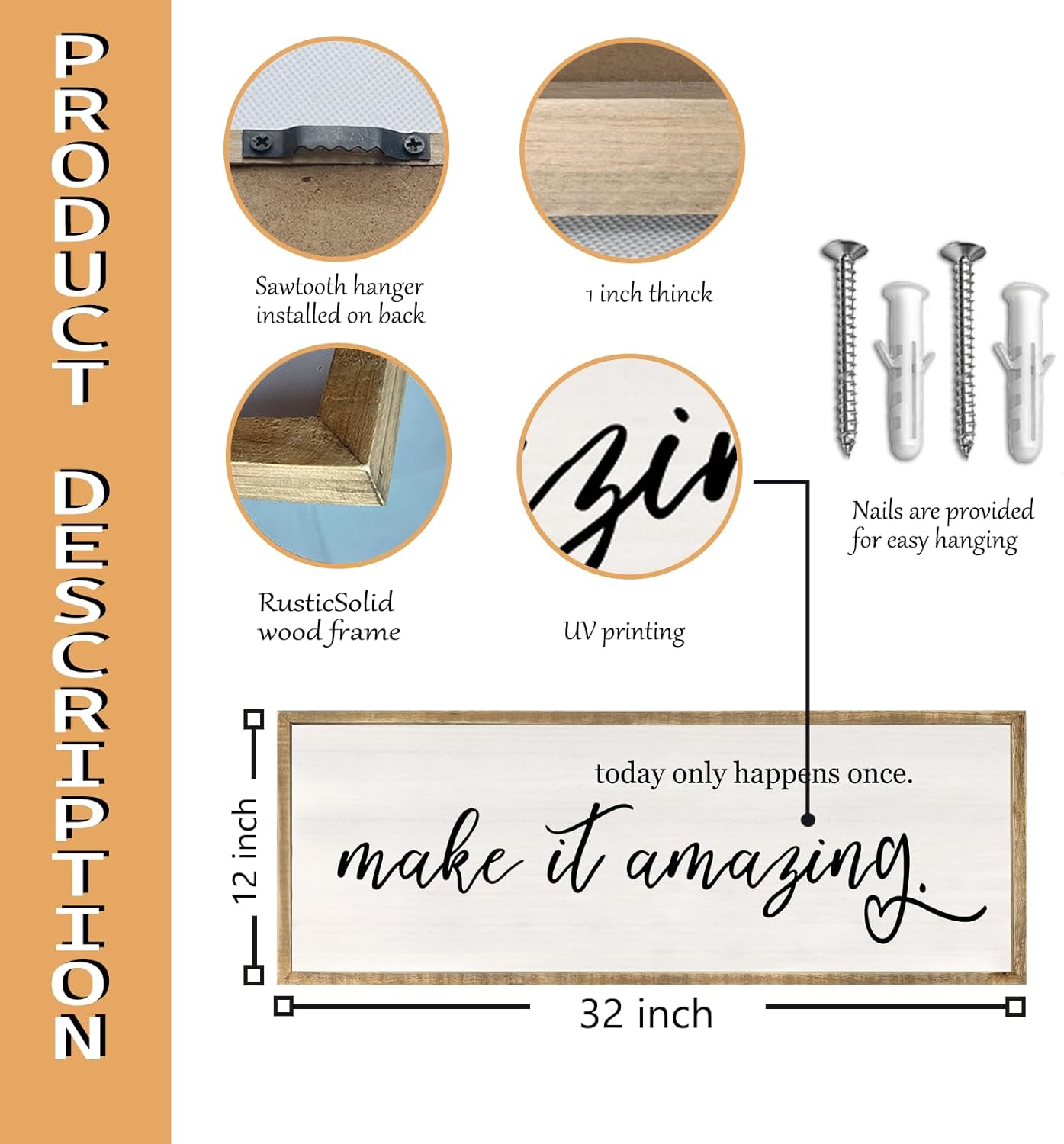 Today Only Happens Once Make It Amazing Wall Art Decor 32x12 Inch Large Inspirational Quote Sign Rustic Living Room Vintage Wood Frame Office Motivational Home Wall Hanging (Wood)