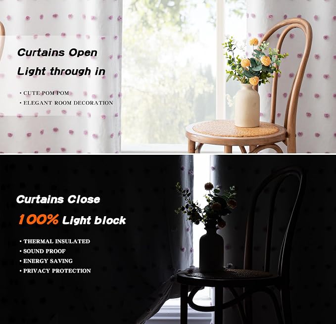 MYSKY HOME 100% Blackout Curtains for Girls Bedroom 54 Inch Long Purple Pom Pom Full Blackout Curtains for Kids Room 2 Panels Room Darkening Small Window Treatment Grommet 2 Layered Drapes 52"W x 54"L