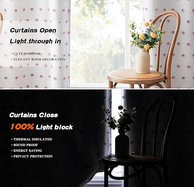 MYSKY HOME 100% Blackout Curtains for Living Room 95 Inch Long Total Light Blocking Curtains for Sliding Door 2 Panels Grommet Room Darkening Girls Bedroom Drapes with Purple Pom Pom Sheer 52 x 95 in