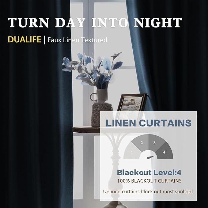 DUALIFE Blue Linen 100% Blackout Curtains 108 Inch Length 10FT Hall Curtains Back Tab Rod Pocket Drapes Thermal Insulated Textured Living Room Black Out Curtains 2 Panels Set 50x108