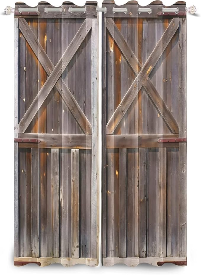 Rustic Wooden Curtains Vintage Wood Barn Door Window Curtains Old Garage Door American Native Country Farmhouse Rural Farm Style Living Room Window Drapes Treatment,42x108 inch,2 Panels