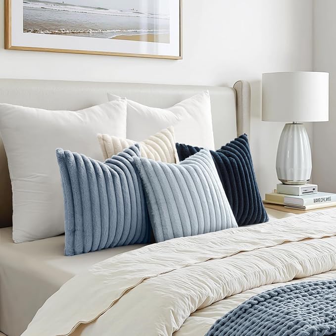 MIULEE Faux Fur Plush Decorative Throw Pillow Covers 16x16 Set of 4, Spring Modern Soft Fuzzy Coastal Striped Cushion Covers for Sofa Couch Bed Living Room Cozy Home Decor,Navy Blue
