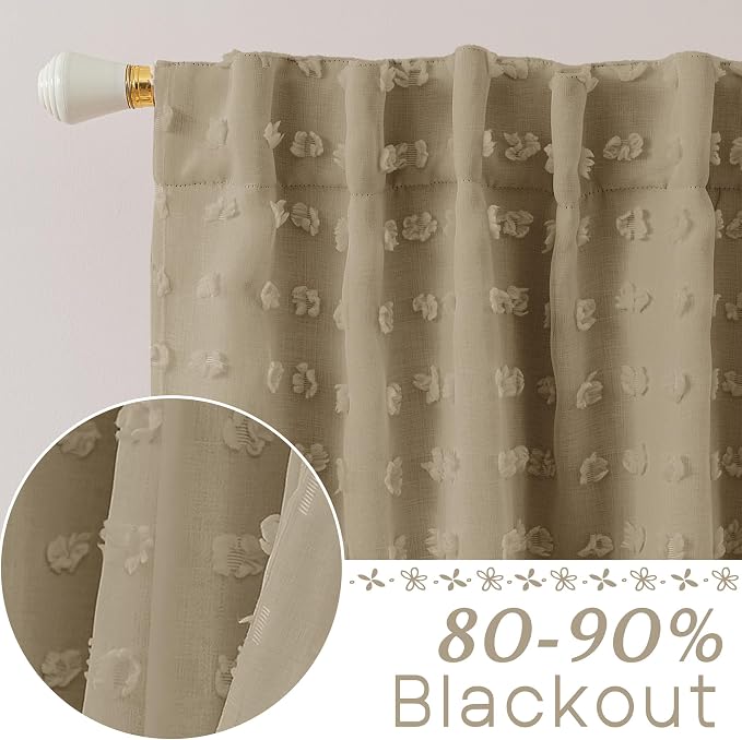 Lino Rosa 63 Inch Length Back Tab Pom Pom Taupe Curtains for Girls Room Bedroom Nursery Short Blackout Curtains Double Layer