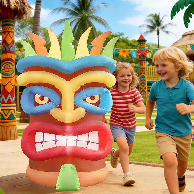 3.9Ft Tiki Inflatable Luau Decoration, Outdoor Hawaiian Blow up Decor with LED Lights, Pool Party Summer Decor Tiki Bar Statue Ornaments for Tropical Party Lawn Luau Aloha Bar Beach
