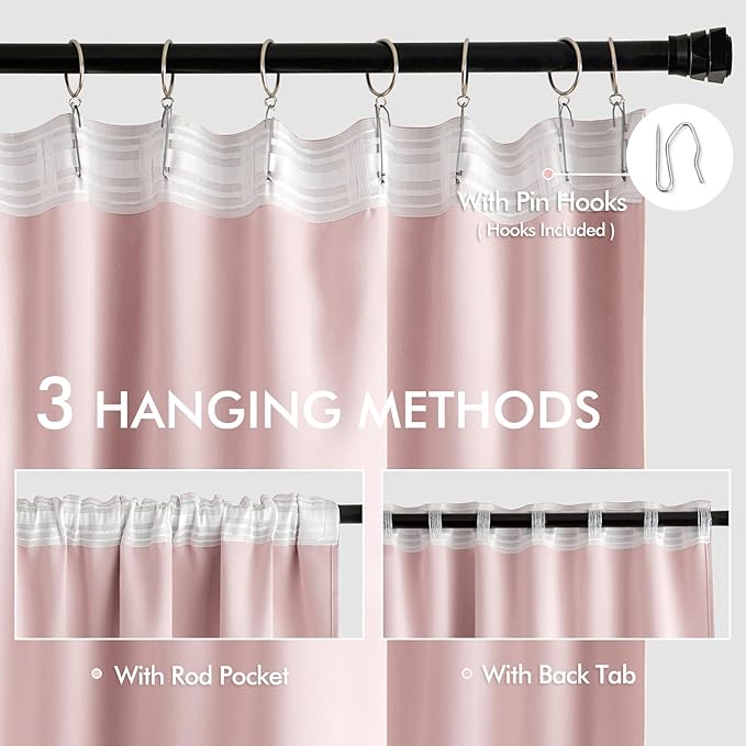 MIULEE Light Pink Back Tab Blackout Curtains 96 Inch Length 2 Panels Set for Living Room Bedroom Privacy, Rod Pocket/Pinch Pleated Thermal Insulated Room Darkening Light Blocking Drapes, W66xL96
