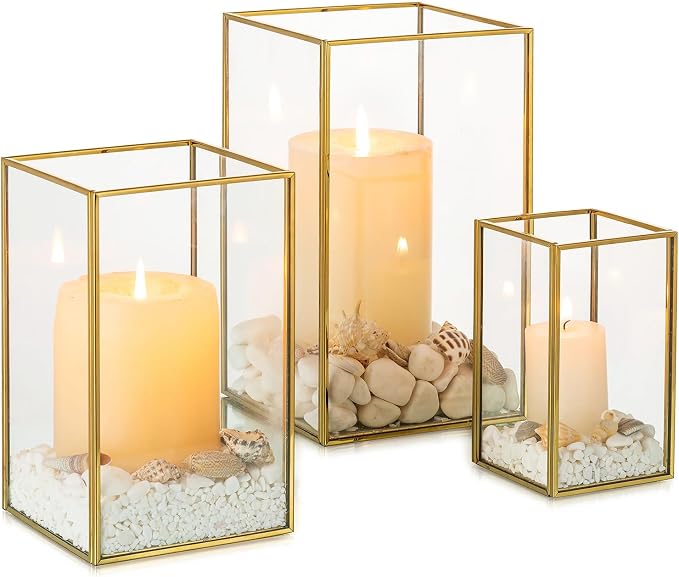 NUPTIO Hurricane Glass Candle Holders: 3Pcs Gold Lanterns Candle Holder for Pillar Candles Geometric Table Centerpiece for Outdoor & Indoor Wedding Christmas Holiday Party Decor 8.1 & 6.5 & 4.7 inch | Geometric Table Centerpiece for Outdoor & Indoor We...
