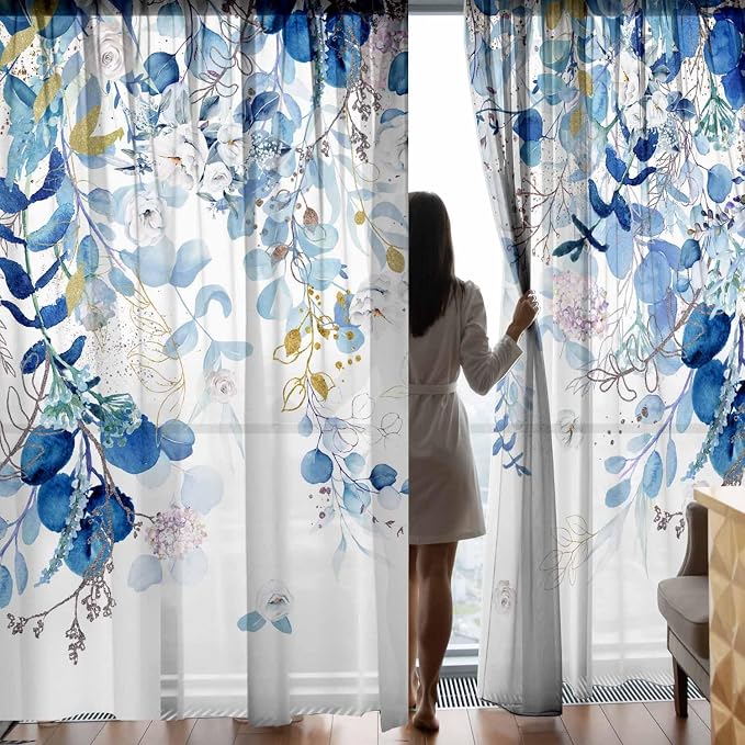 Blue Botanical Curtains 96 Inches Long for Living Room Watercolor Eucalyptus Leaves Light Filtering Curtains Spring Summer Blue and White Drapes for Bedroom Farmhouse Leaf Floral Printed Door Curtain