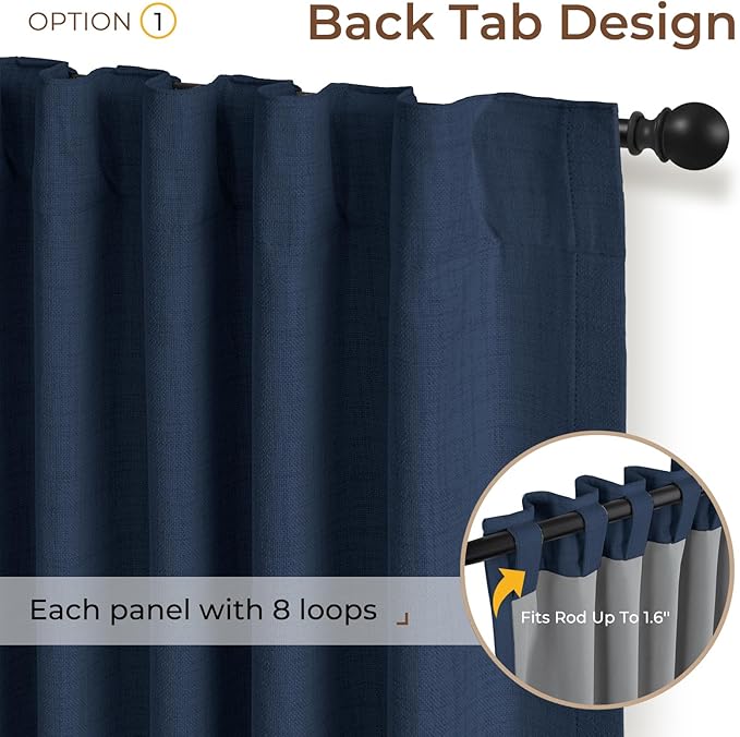 INOVADAY 100% Blackout Curtains 90 Inches Length 2 Panels Set, Back Tab/Rod Pocket Linen Black Out Curtains for Bedroom, Thermal Insulated Window Drapes - Midnight Blue, W50 X L90