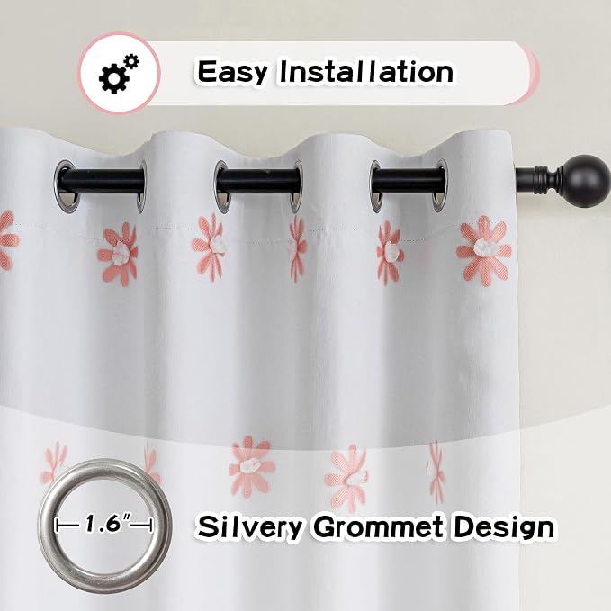 MYSKY HOME Blackout Curtains for Living Room 95 Inch Long Total Light Blocking Pink Floral Curtain for Sliding Door 2 Panels Grommet Girls Bedroom Drapes with Daisy Flower Sheer 52 x 95 in