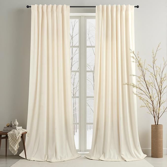 Cream Beige Velvet Curtains 102 Inch Custom Length for Kids Bedroom Aesthetic Contemporary Modern Farmhouse Cute Fancy Silk Satin Textured Ruffle Curtains for Closet Cabin French Country Movie Theater