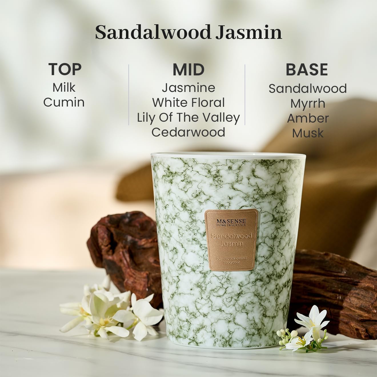 M&SENSE Sandalwood Jasmine Scented Candles for Home, 3-Wick Highly Scented Jar Candles, Extra Large Candle 35 Oz 150 Hours Long Lasting Burning, Relaxing Aromatherapy Candle for Stress Relief