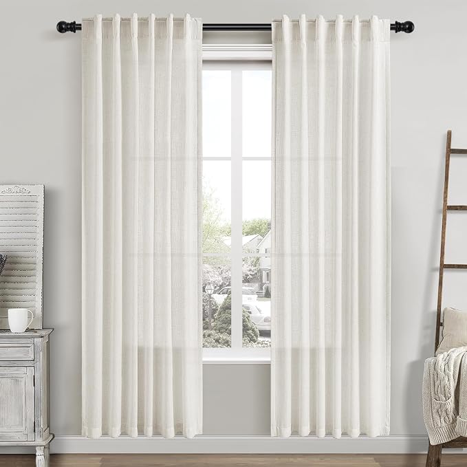 Cream Linen Curtains 80 Inch Length 2 Panels Set Back Tab Drapes for Bedroom Living Room Modern Farmhouse Coastal Decor Semi Sheer Privacy Light Filtering Windows Dining Room 42x80