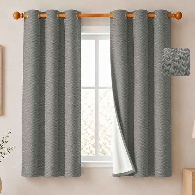 2 Panels 100% Blackout Linen-Textured Curtains, Thick Thermal Insulated Grommet Drapes with Subtle Herringbone Weave, Luxury Decor for Bedroom/Living Room, 37 x 54 Inches, Grey