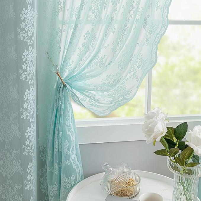 YJ YANJUN Vintage Lace Curtains 63 Inch Length-Victorian Floral Aqua Sheer Curtain Panels for Nursery Girls Kids Bedroom Seafoam Coastal Beach Room Decor 52 x 63 inch 2 Panels, Retro Mint Green