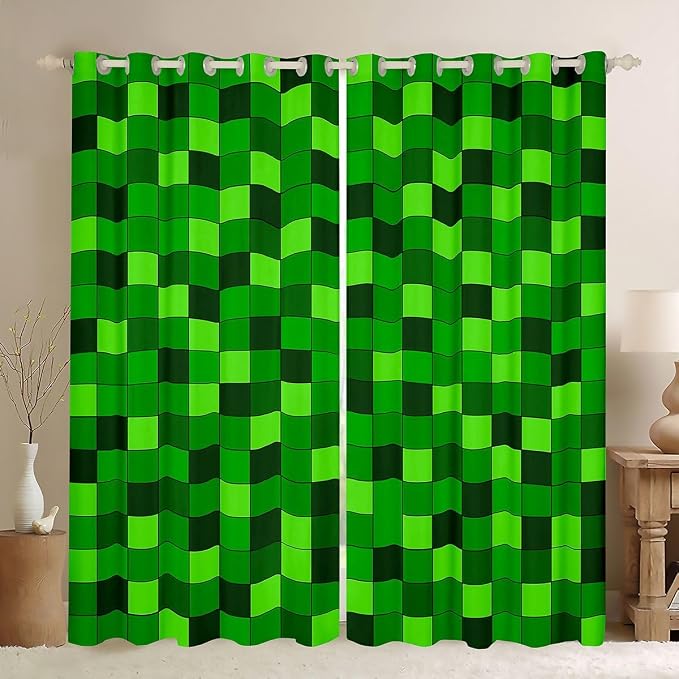 Castle Fairy Neon Green Block Window Curtain | Pixelated Grid Patchwork Blackout Window Treatment for Girls Bedroom Decor,Miners Video Games Curtains Modern Living Room Top 2 Panels,42Wx84L