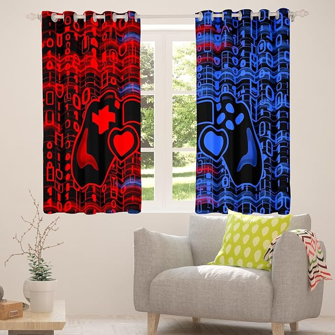 Feelyou Kids Boys Red and Blue Gamer Blackout Curtains Gamer Window Curtains for Ombre Geometric Teens Game Darkening Drapes Gaming Window Treatments Game Room Decor (2 Panels, 52 x 63 Inch)