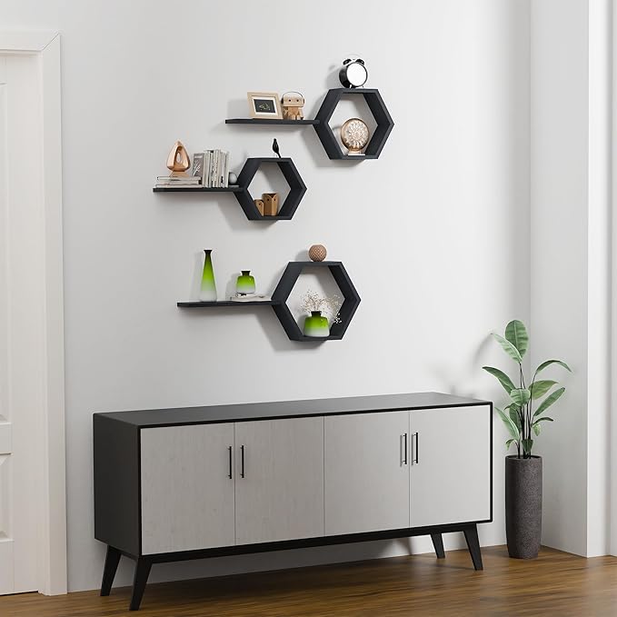 Hexagon Floating Shelves Set of 6 Honeycomb Shelves for Wall, Wooden Hexagon Shelves for Farmhouse Storage (Carbonized Black)