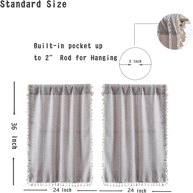 RoomTalks Tan Rustic Farmhouse Linen Kitchen Curtains 36 Inch Length Country Cottage Vintage Chic Tassel Short Cafe Curtains for Small Windows