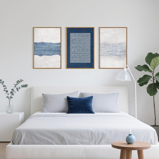 Large Abstract Navy Blue and White Framed Canvas Wall Art Set,Modern Neutral Geometric Waves Lines Dots Wall Decor,Mid Century Minimalist Boho Artwork for Living Room,Bedroom,Office- 24"x36"x3