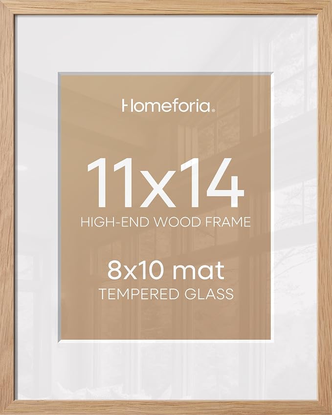 Homeforia 11x14 Picture Frame Wood, High End Natural Oak 11x14 Light Wooden Poster Frames with Mat 8x10, 11 x 14 Frames Matted to 8 x 10 Photo, 14x11 Hanging Frames, Tempered Glass, Wall Kit, Set of 1