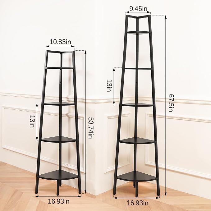 Yoobure 5‑Tier Corner Shelf – Sturdy Metal Frame & Wood Ladder Bookshelf, Space‑Saving Display Shelves for Plants & Books, Easy Assembly, for Bedroom, Living Room, Office, Balcony
